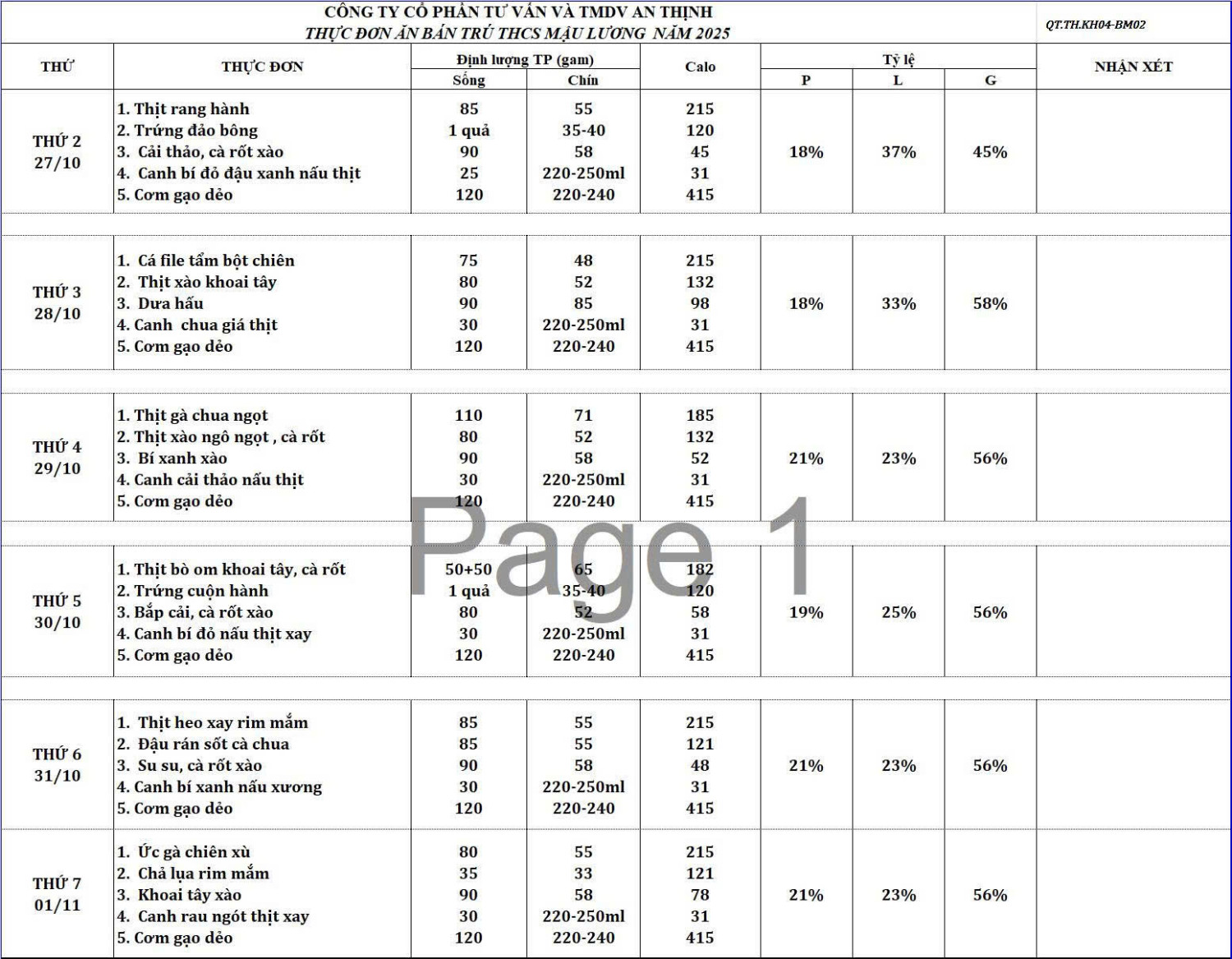 THỰC ĐƠN TUẦN HỌC TỪ 27/10/2025 ĐẾN 01/11/2025