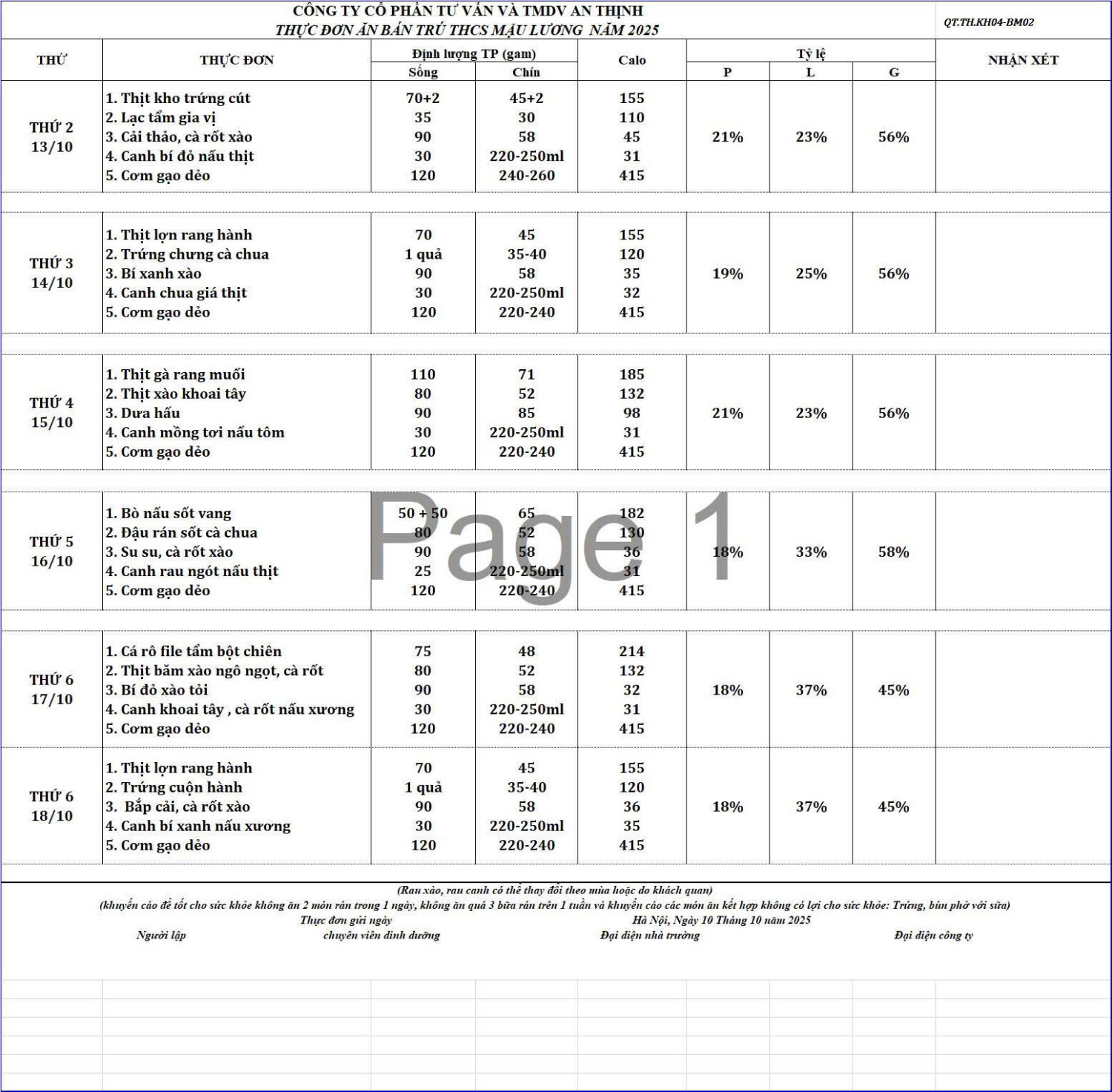 THỰC ĐƠN TUẦN HỌC TỪ 13/10/2025 ĐẾN 17/10/2025