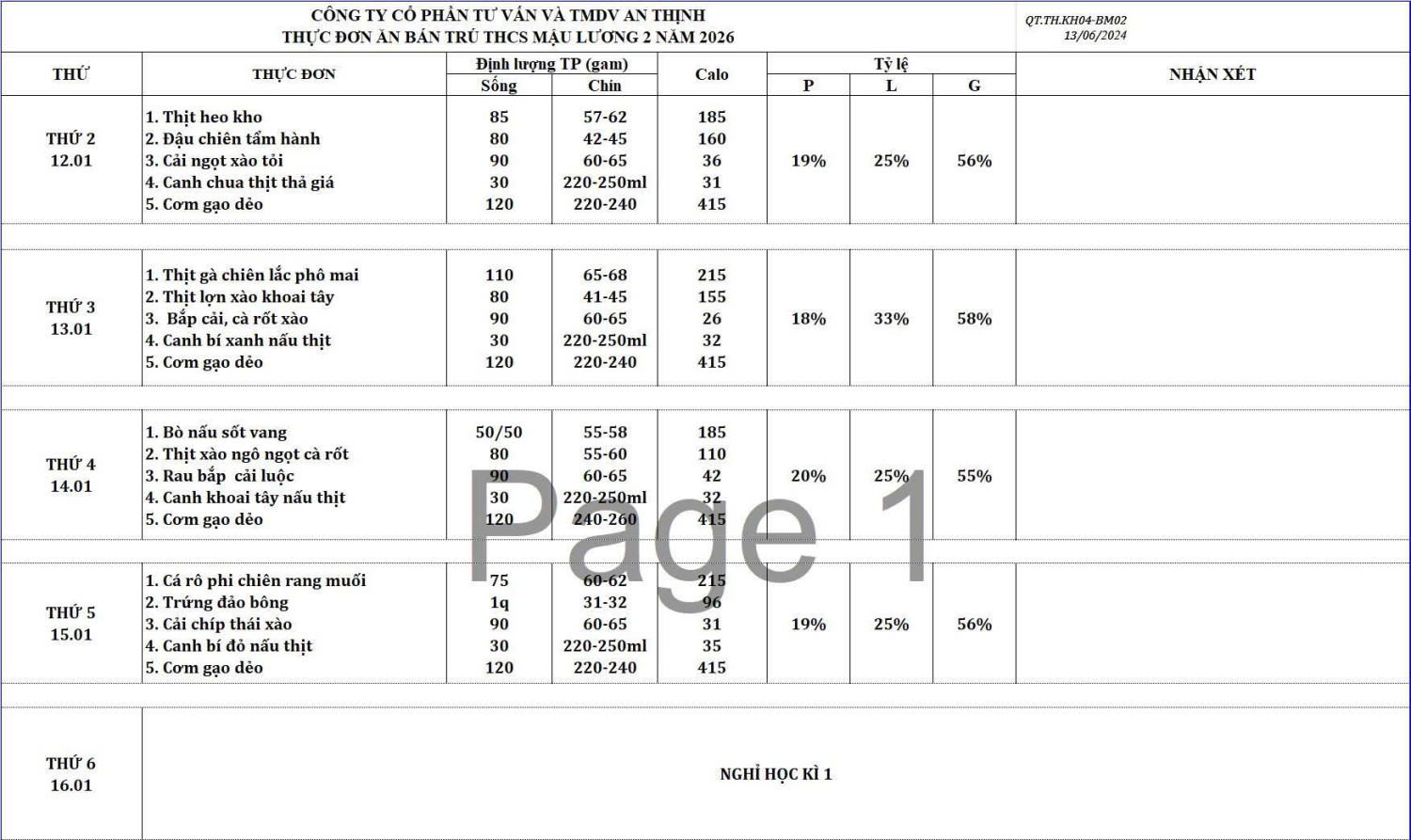 THỰC ĐƠN TUẦN HỌC TỪ 12/01/2026 ĐẾN 15/01/2026