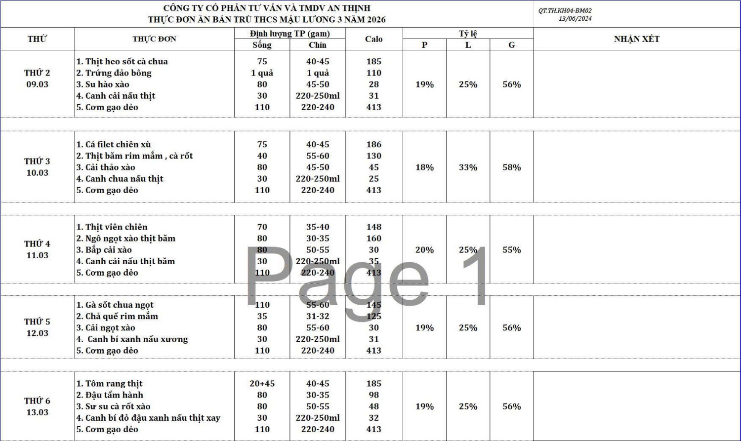THỰC ĐƠN TUẦN HỌC TỪ 09/3/2026 ĐẾN 13/3/2026