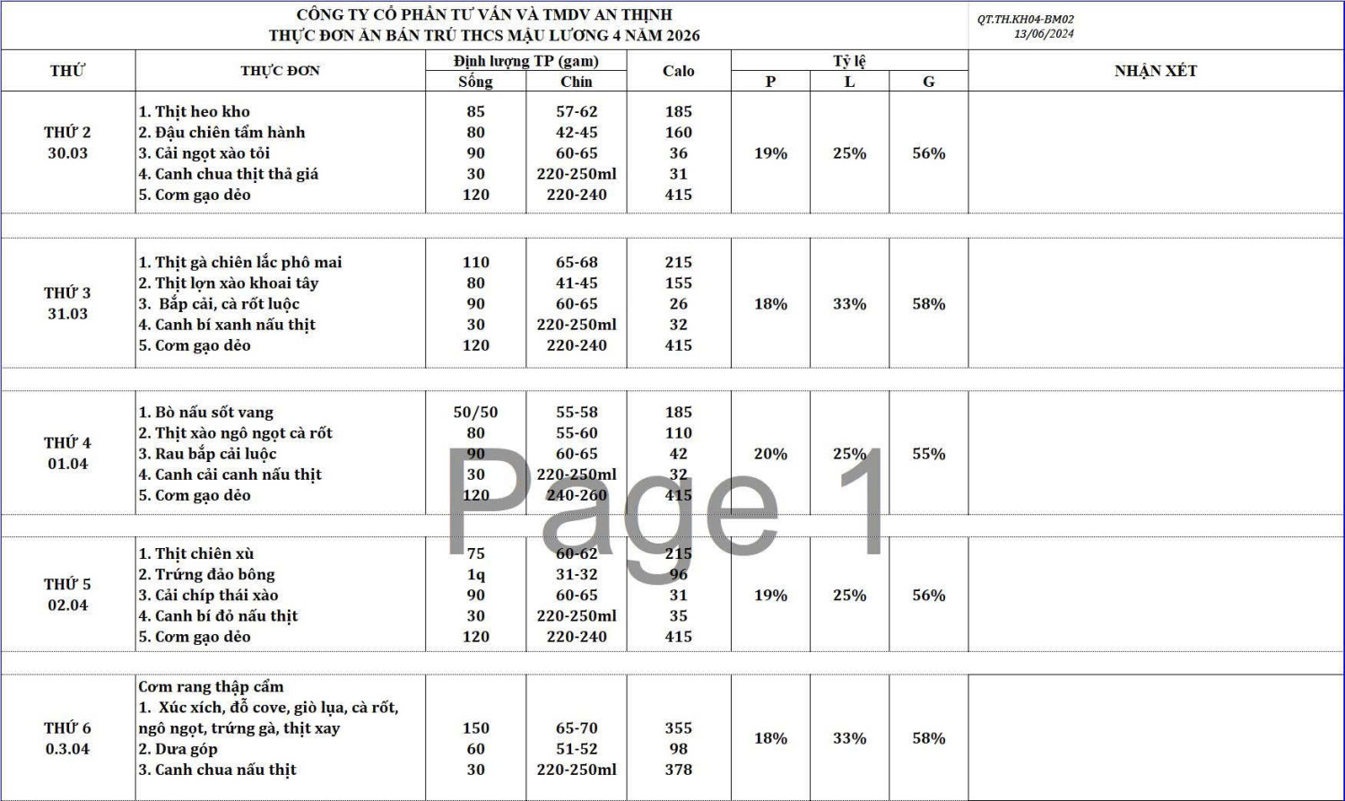 THỰC ĐƠN TUẦN HỌC TỪ 30/3/2026 ĐẾN 03/4/2026