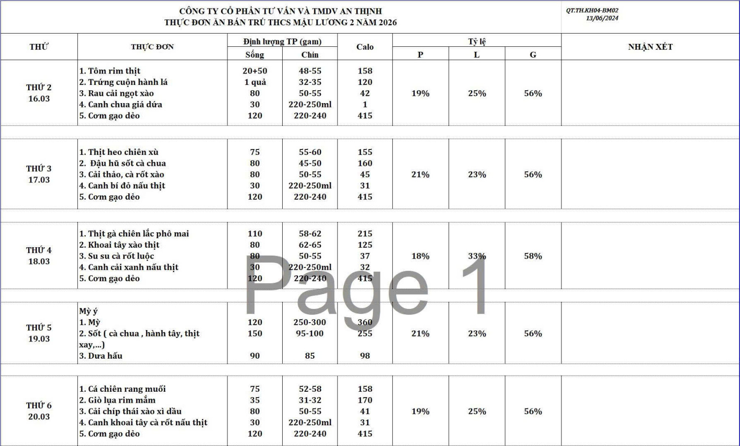 THỰC ĐƠN TUẦN HỌC TỪ 16/3/2026 ĐẾN 20/3/2026