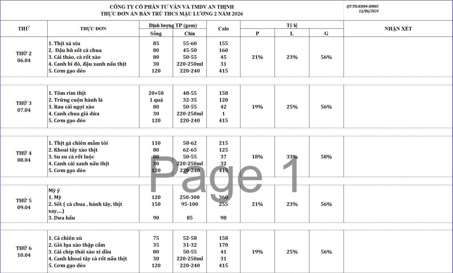 THỰC ĐƠN TUẦN HỌC TỪ 06/4/2026 ĐẾN 10/4/2026