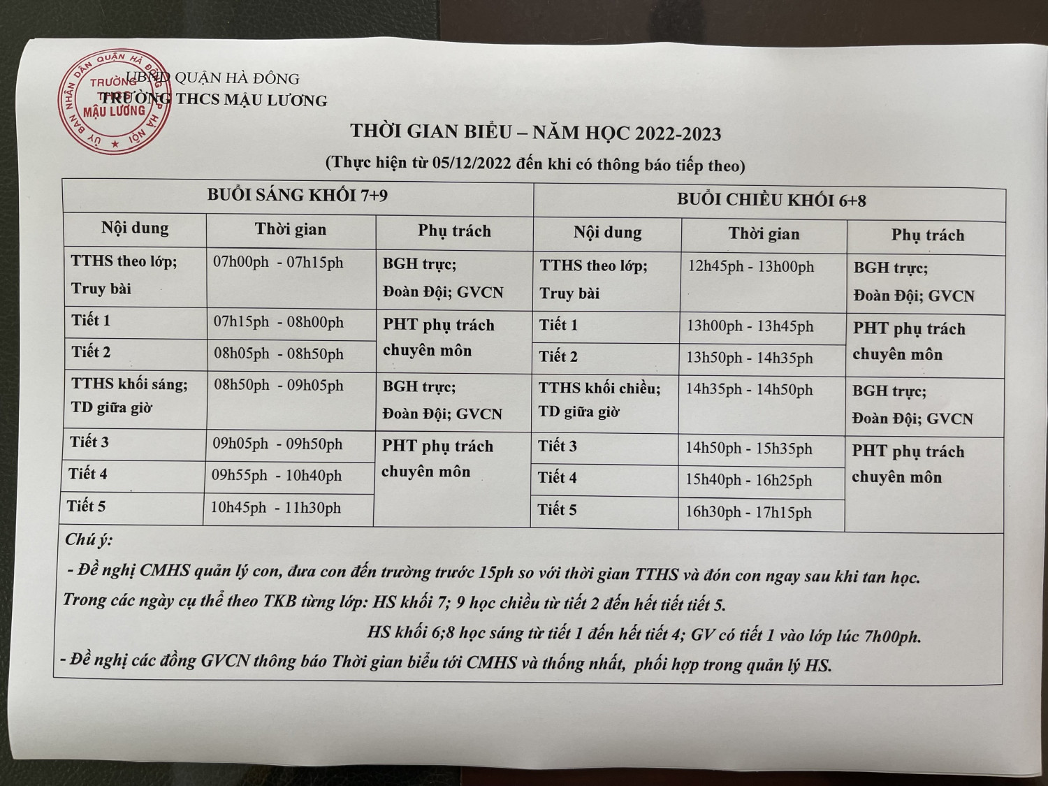 THỜI GIAN BIỂU NĂM HỌC 2021-2022 THỰC HIỆN TỪ 05/12/2022