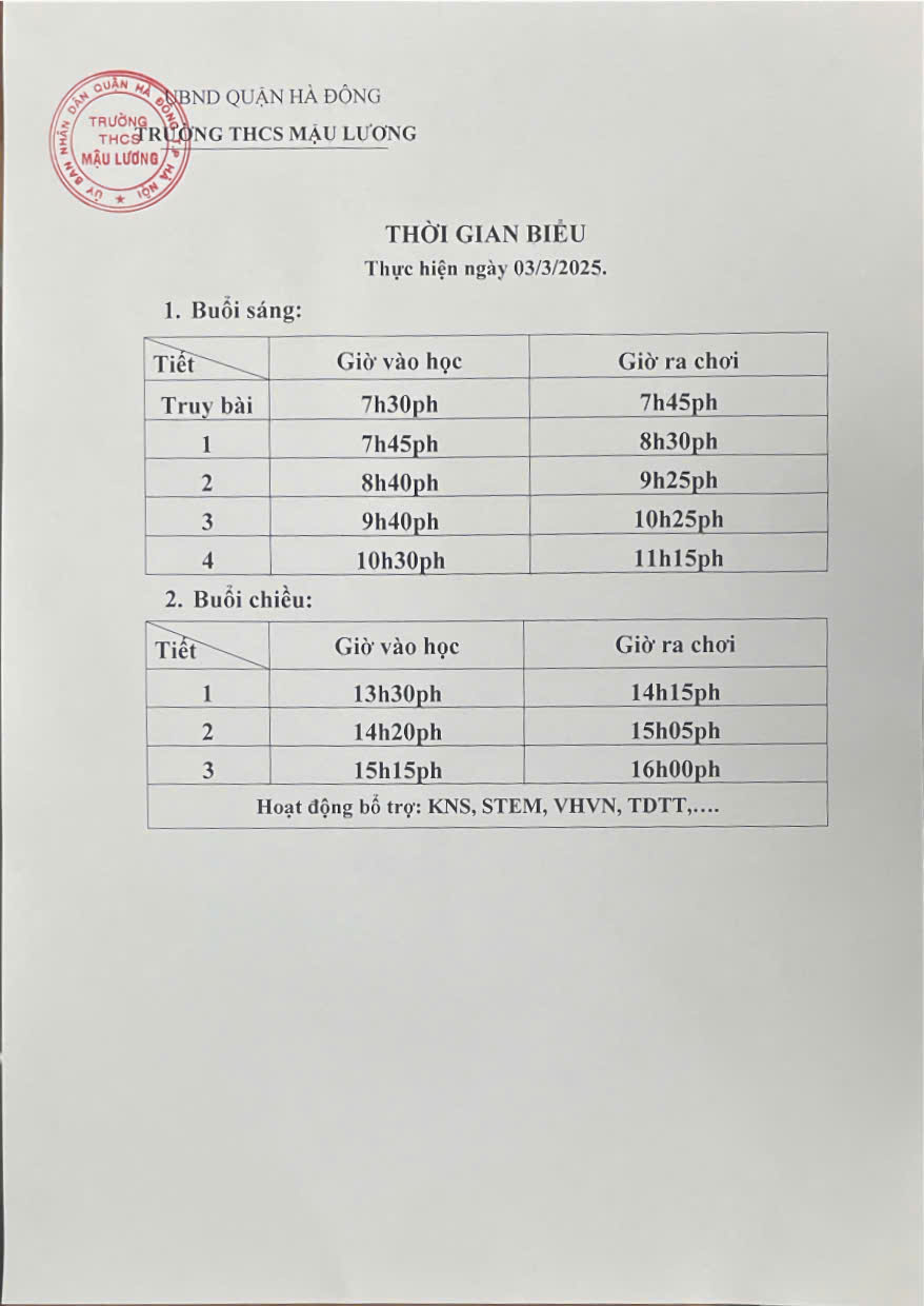 THÔNG BÁO THỜI GIAN BIỂU THỰC HIỆN TỪ 03/3/2025