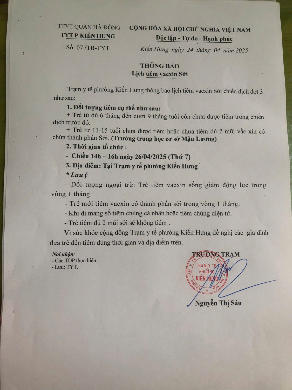 THÔNG BÁO LỊCH TIÊM VACXIN SỞI