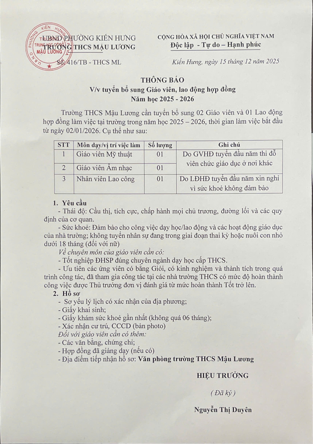 THÔNG BÁO VỀ VIỆC BỔ SUNG GIÁO VIÊN, LAO ĐỘNG HỢP ĐỒNG NĂM HỌC 2025-2026