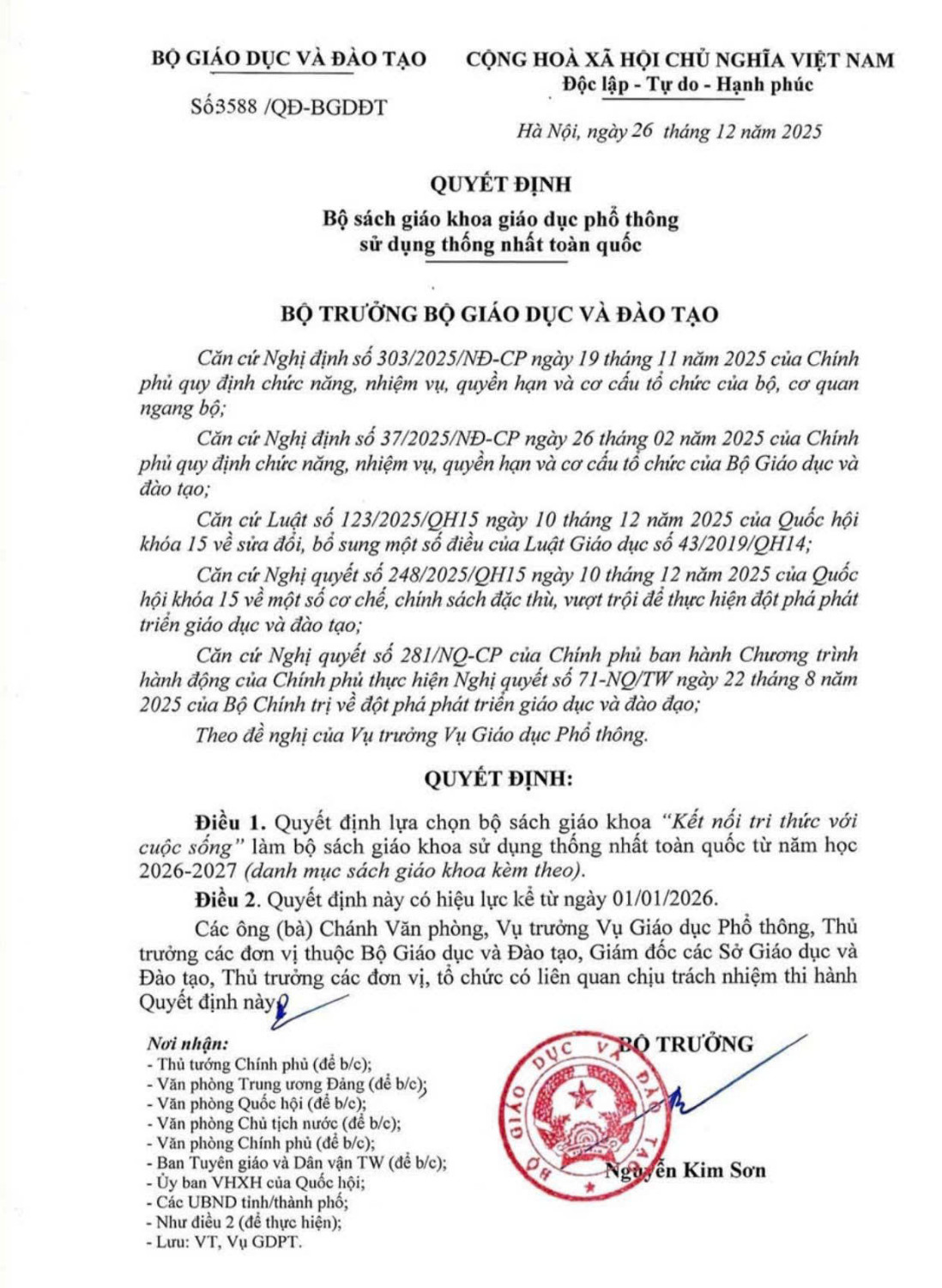 QUYẾT ĐỊNH BỘ SÁCH GIÁO KHOA GIÁO DỤC PHỔ THÔNG SỬ DỤNG THỐNG NHẤT TOÀN QUỐC