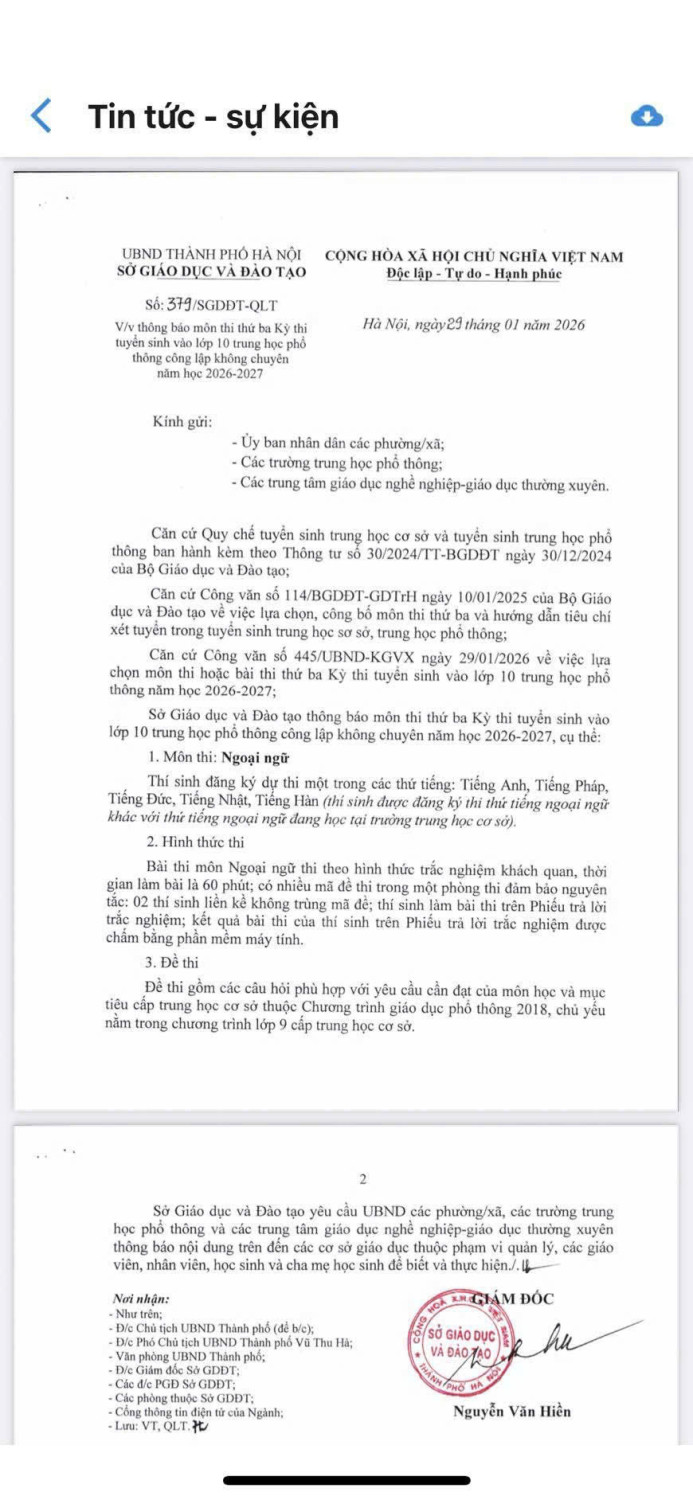 THÔNG BÁO MÔN THI THỨ BA KỲ THI TUYỂN SINH VÀO LỚP 10 THPT CÔNG LẬP KHÔNG CHUYÊN NĂM HỌC 2026-2027