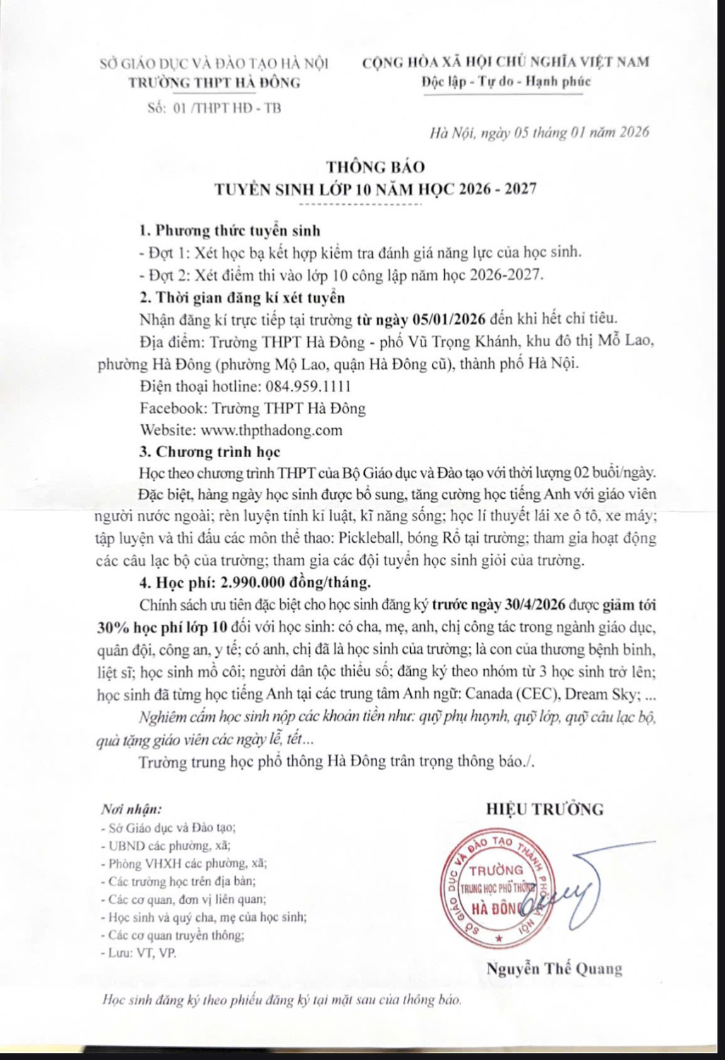 THÔNG BÁO TUYỂN SINH LỚP 10 NĂM HỌC 2026-2027 CỦA TRƯỜNG THPT HÀ ĐÔNG