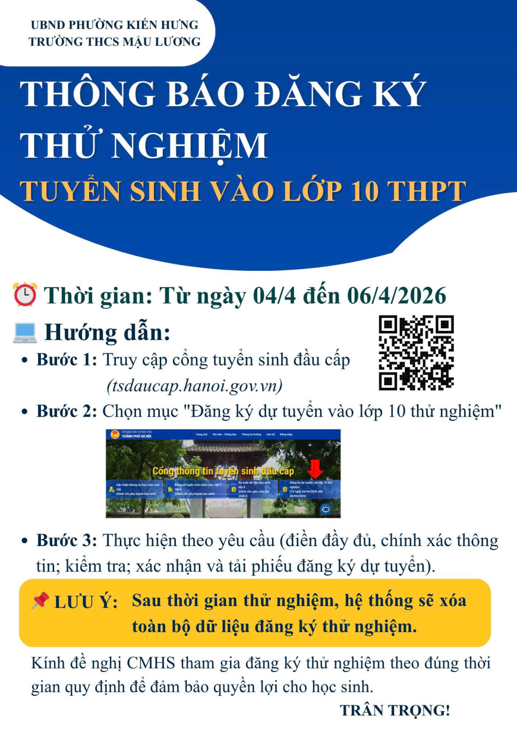 THÔNG BÁO ĐĂNG KÝ THỬ NGHIỆM TUYỂN SINH VÀO LỚP 10 THPT NĂM HỌC 2026-2027