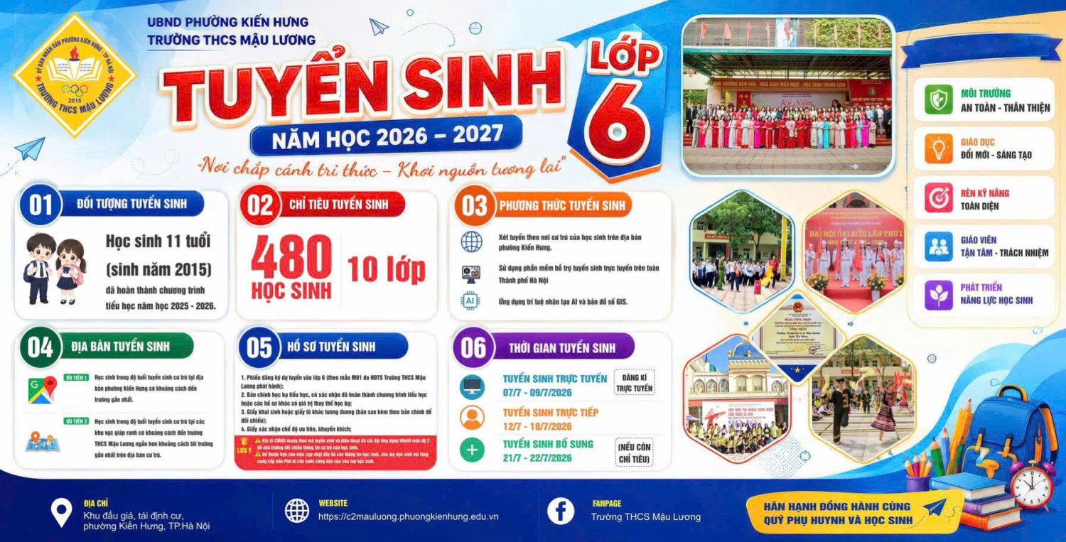 TRƯỜNG THCS MẬU LƯƠNG- PHƯỜNG KIẾN HƯNG- TP. HÀ NỘI THÔNG BÁO: Tuyển sinh vào lớp 6 năm học 2026 - 2027.