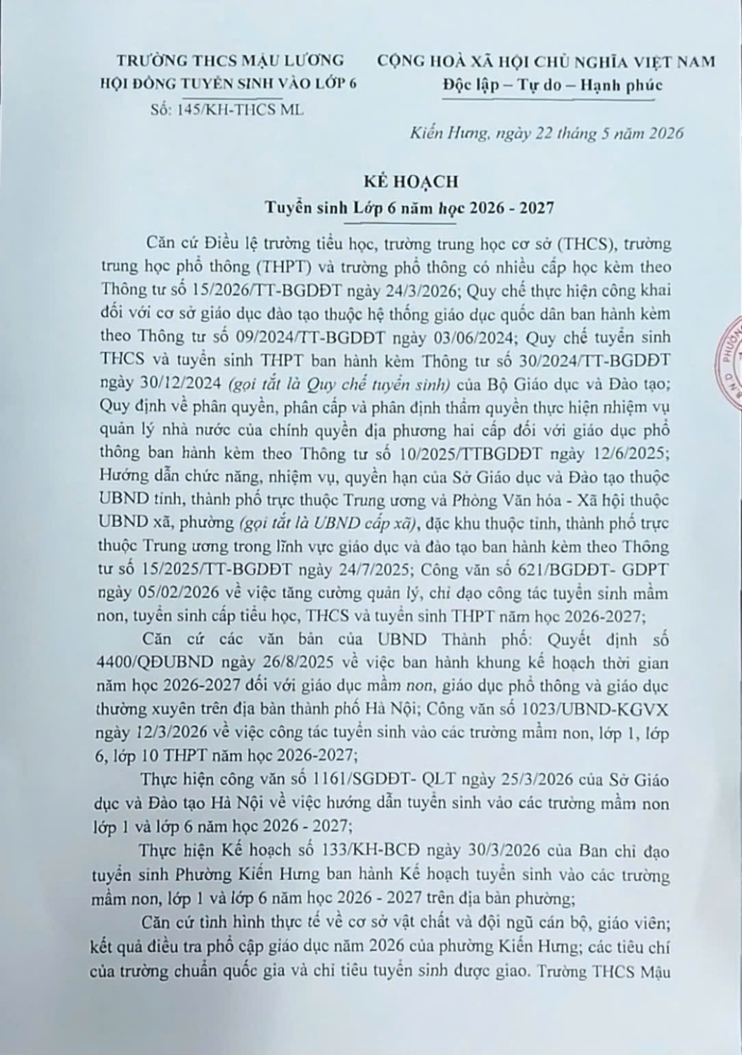 KẾ HOẠCH TUYỂN SINH LỚP 6 NĂM HỌC 2026-2027