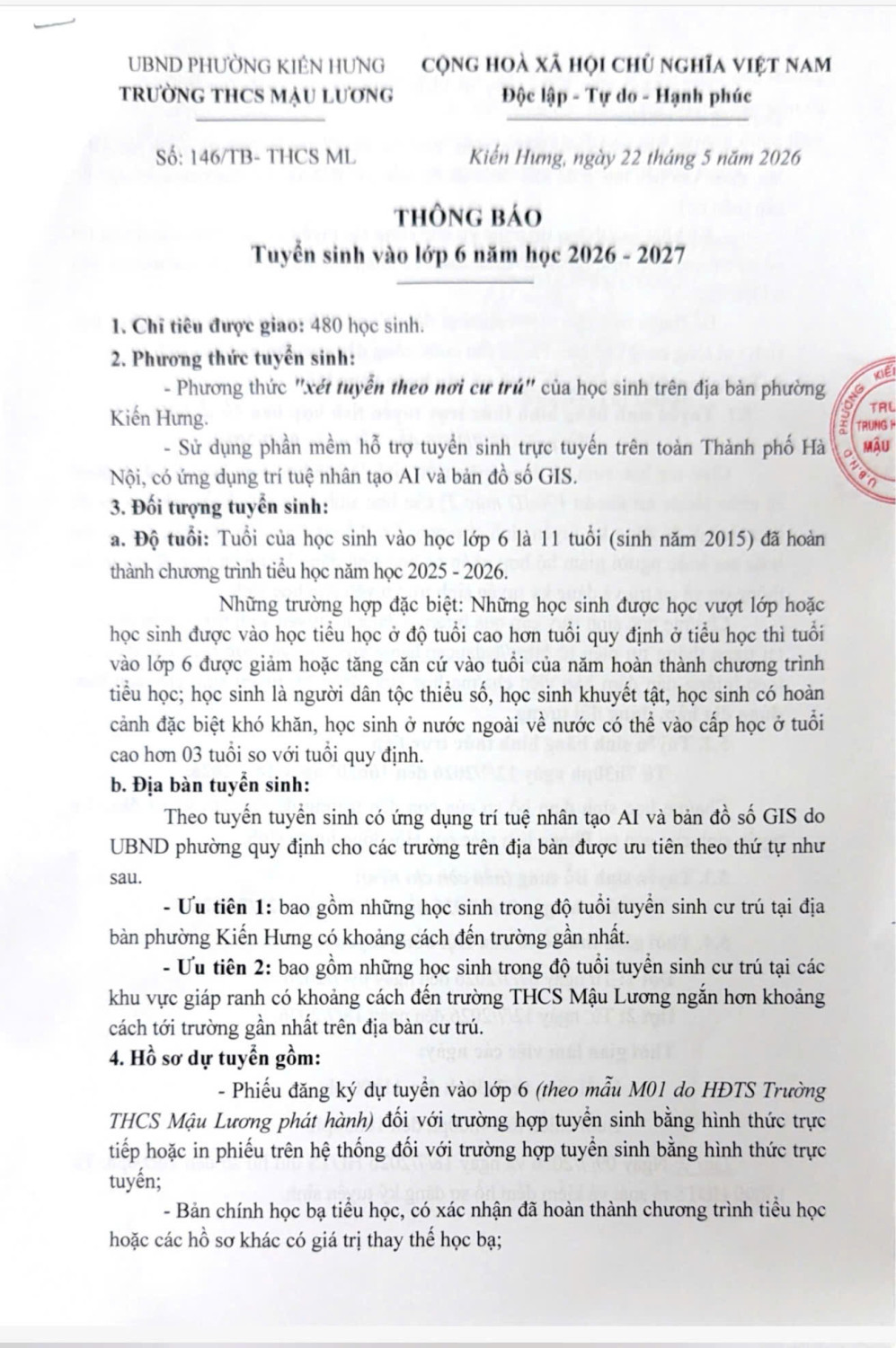 THÔNG BÁO TUYỂN SINH LỚP 6 NĂM HỌC 2026-2027 TRƯỜNG THCS MẬU LƯƠNG